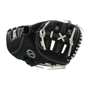 Front view of a black baseball glove with white stitching and SPALDING text.