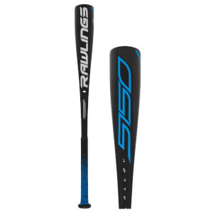 Side view of a black baseball bat with blue Rawlings logo and 5150 branding.