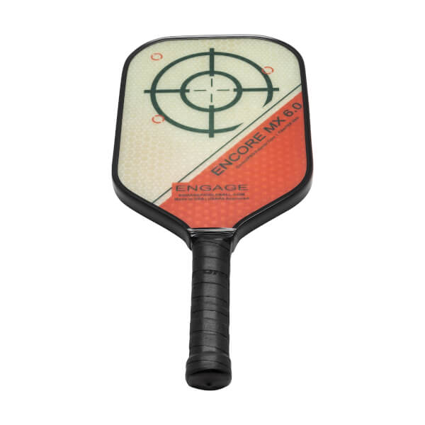 Front view of a white and orange pickleball paddle with a target design, ENCORE MX 6.0, and ENGAGE branding.