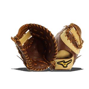 Side view of brown and tan Mizuno first base mitt with tan lacing and a yellow Mizuno logo.