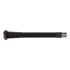 Close-up of a maroon end cap with META text on a black grip baseball bat.