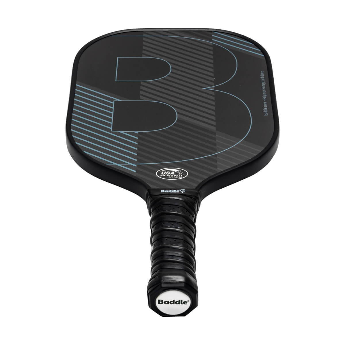 Top-down view of a black pickleball paddle with a large blue B graphic and light blue stripes.