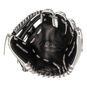 Front view shows the black leather palm with grey lacing and a grey snakeskin shell, featuring the A2000 and Wilson logos embossed in the center.