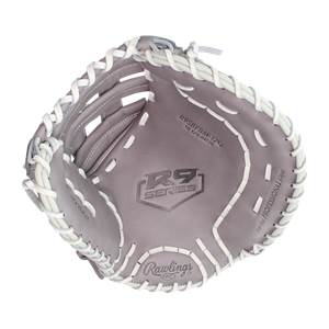 Top-down view of a grey Rawlings R9 Series first base mitt with white lacing and embossed logos.