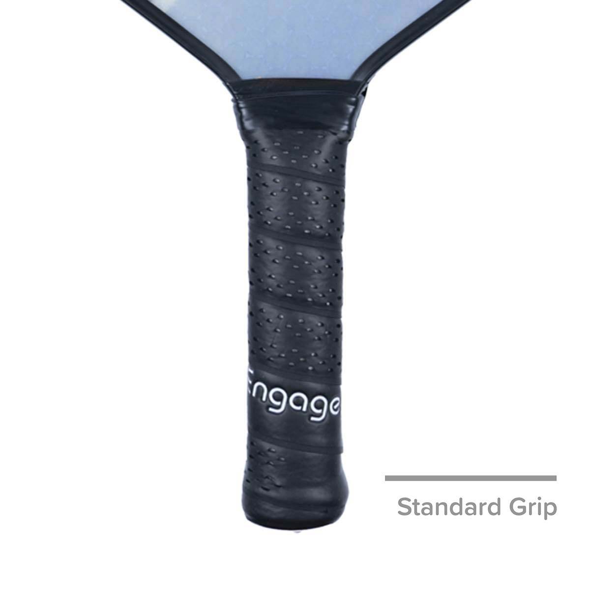 Close-up of a black pickleball paddle grip with engage branding and a textured surface.