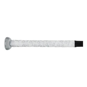 Close-up side view of a white baseball bat grip with a light gray repeating pattern, a silver knob, and black tape.