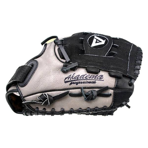 Side view of a gray and black baseball glove with Akadema professional text and a white A logo.