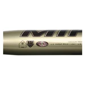 Side view of a gold slow pitch softball bat with Miken logo, ASA and ISF stamps, and patent information.