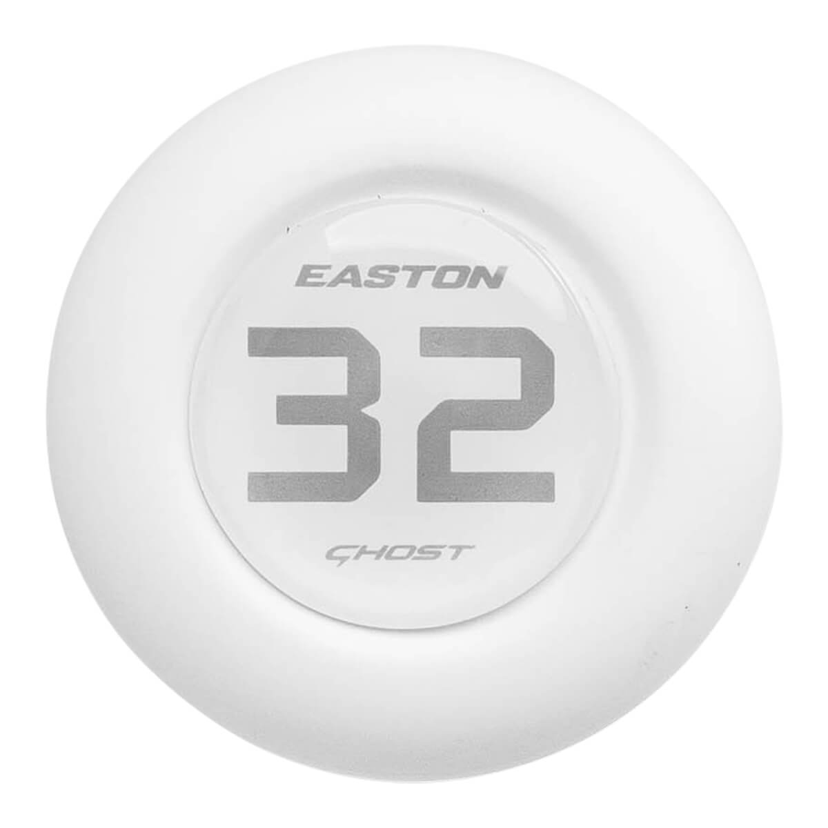 Top-down view of a white bat end cap with EASTON, large 32, and GHOST text in a clear domed center.