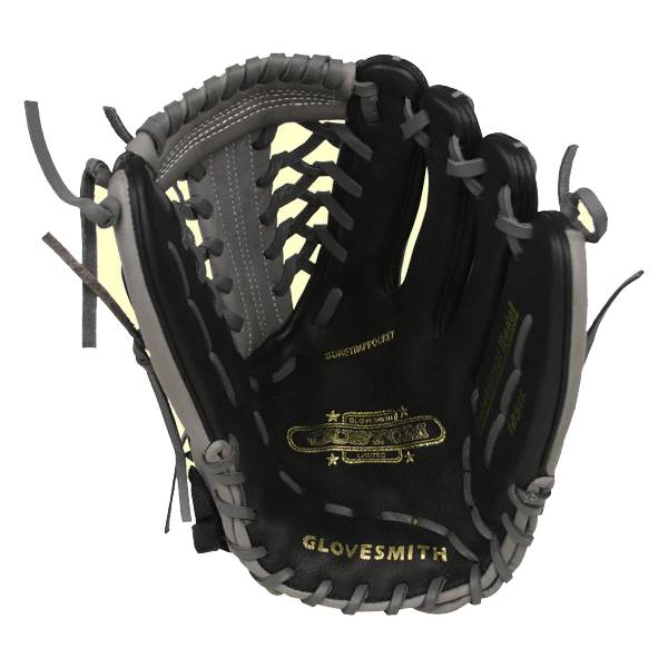 Interior view of a black and gray baseball glove with gold Glove Smith branding and Surecatch Pocket text.