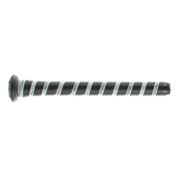 Side view of a black baseball bat with a white striped grip and visible Mizuno branding.