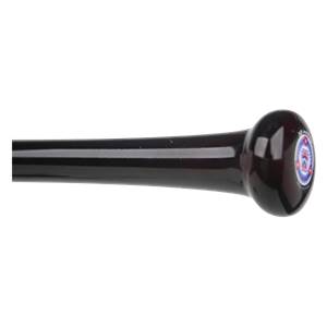 Side view of a dark brown baseball bat with a circular logo on the knob.