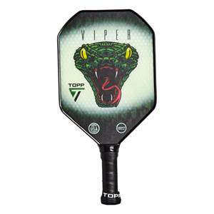 Front view of a black pickleball paddle with a Viper snake graphic, TOOP logo, and USA Pickleball certification.