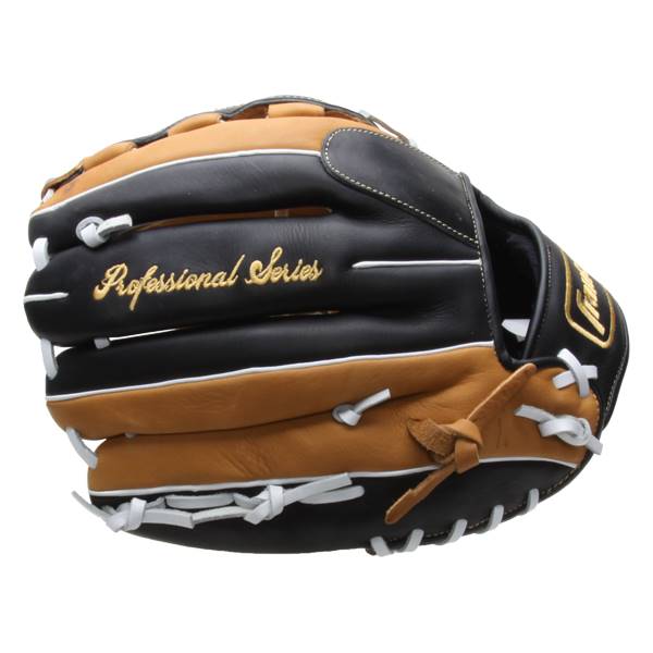 Side view of a black and tan baseball glove with Professional Series in gold script and white lacing.