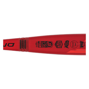 Close-up of a red slow pitch softball bat with 1.20 BPF and various certification logos.