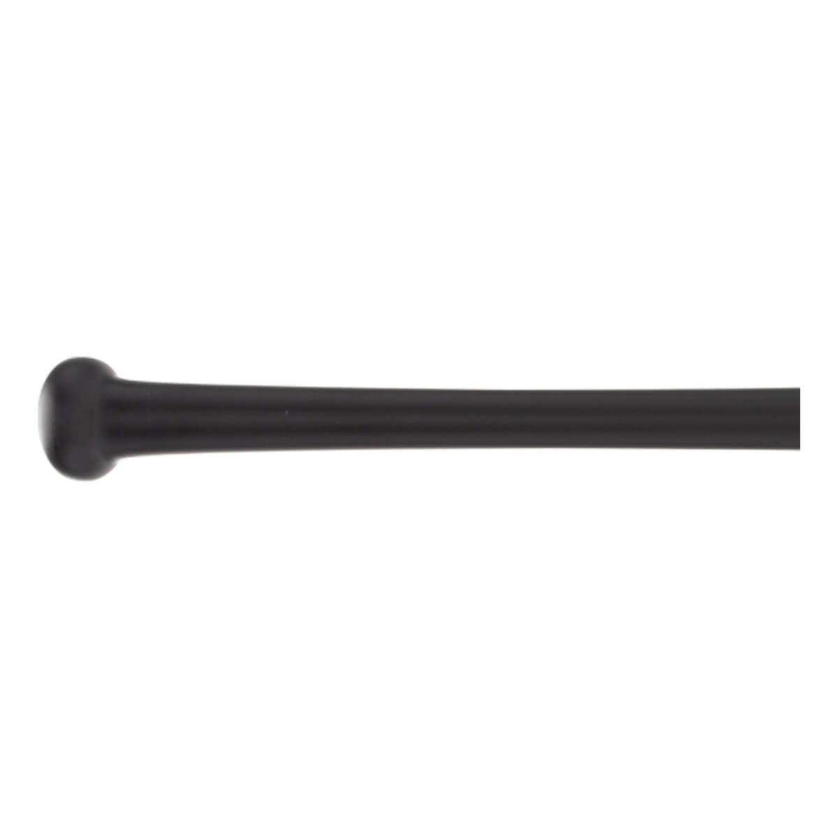Close-up view of the black rounded knob and smooth handle of the Brett Bros. Thunder wood softball bat.