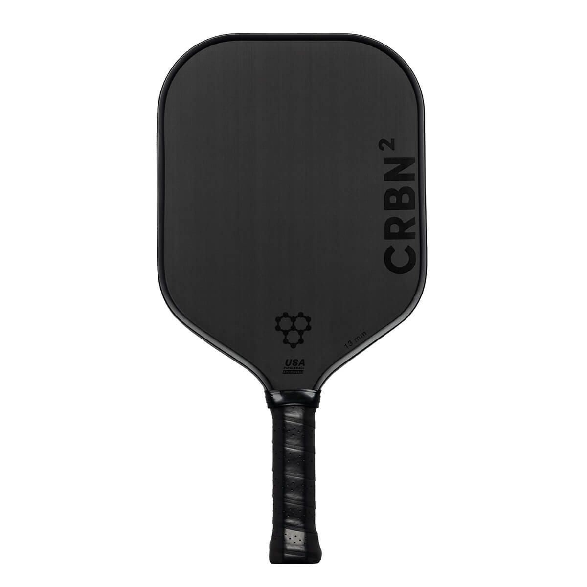 Front view of a black pickleball paddle with CRBN² branding and a honeycomb logo.