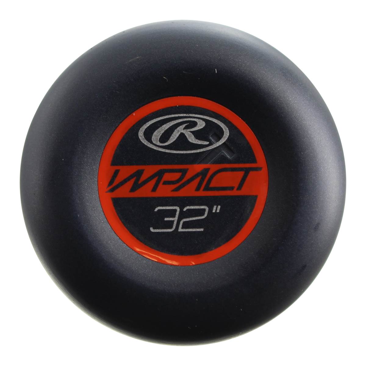 Top-down view of a black baseball bat with red IMPACT and 32 branding.
