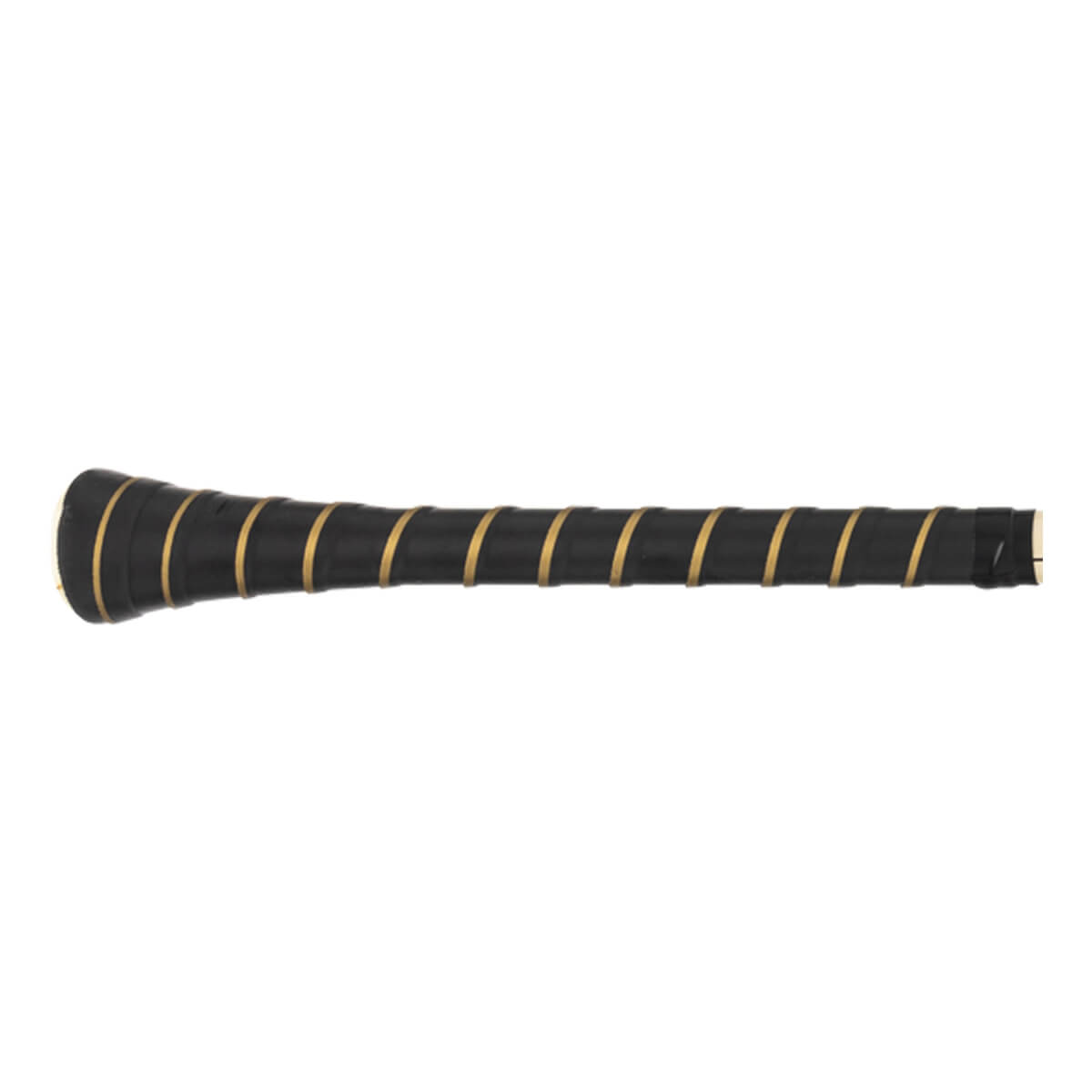 Side view of a black baseball bat with gold spiral grip tape.