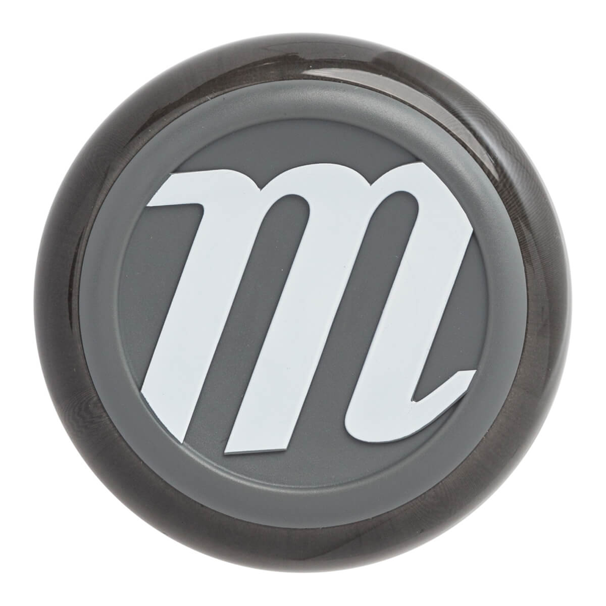 Top-down view of a black baseball bat with a gray circular logo and a white m.
