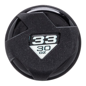 Top-down view of a black baseball bat end cap with a textured finish and 33 30 OZ printed on a white insert.