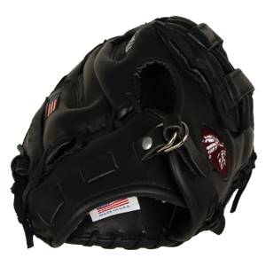 Front view of a black baseball glove with an American flag patch and a red Indian head logo.