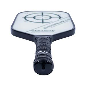 Top-down view of a white pickleball paddle with a black grip, target design, and ENGAGE text.