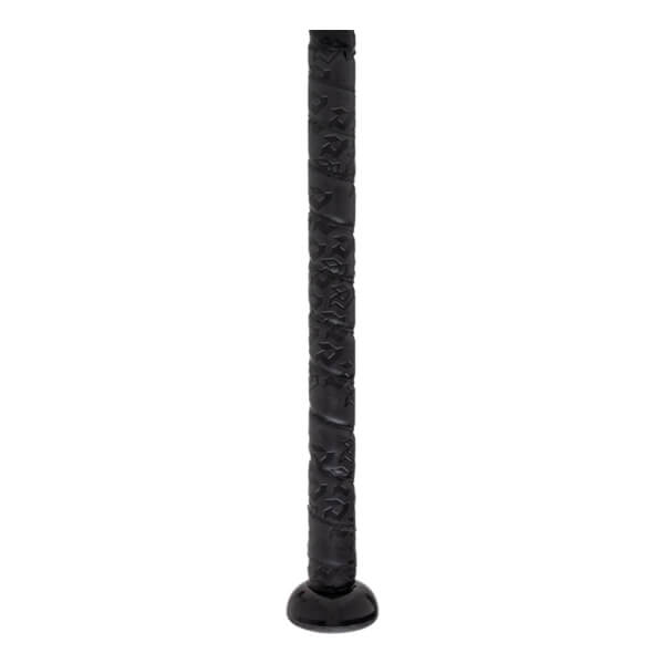 Close-up of a black softball bat handle with a textured spiral grip and a rounded black knob.