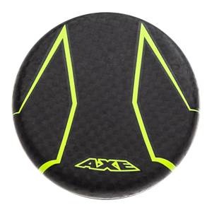 Top-down view of a black baseball bat end with neon yellow geometric accents and AXE logo.