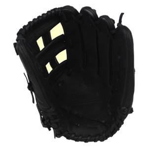 Interior view of a black baseball glove with a webbed pocket and open finger slots.