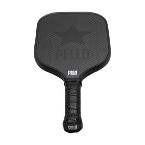 Front view of a black pickleball paddle with a carbon fiber surface, a star logo, and PELLO PXIII text.