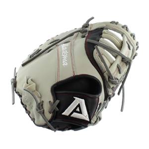 Side view of a cream baseball glove with a black A logo and Akadema text.