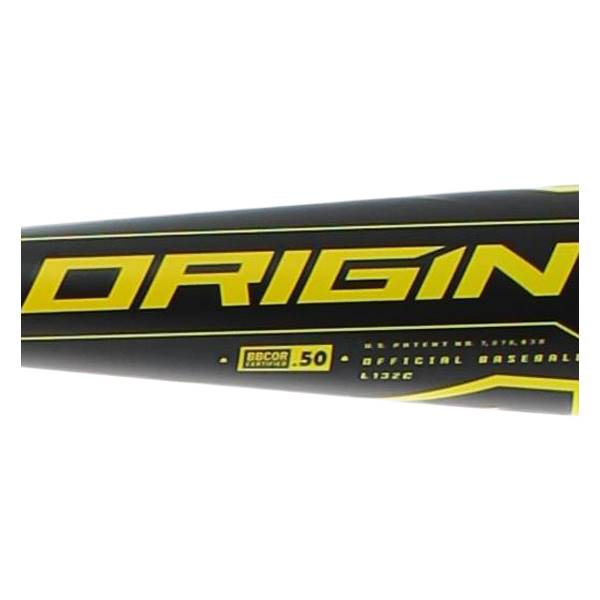 Side view of a black baseball bat with yellow ORIGIN text and BBCOR .50 certification.