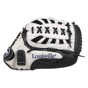 Side view of a white and black fastpitch glove with Louisville text and IXXX lacing.
