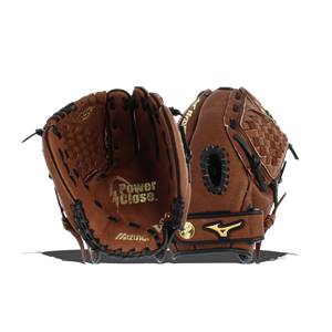 Front view of a brown youth baseball glove with Power Close. text and Mizuno branding.