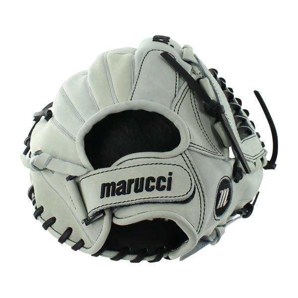 Front view of a white and black Marucci softball glove with adjustable strap and marucci text.