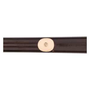 Close-up of a dark brown baseball bat with a circular white end cap.
