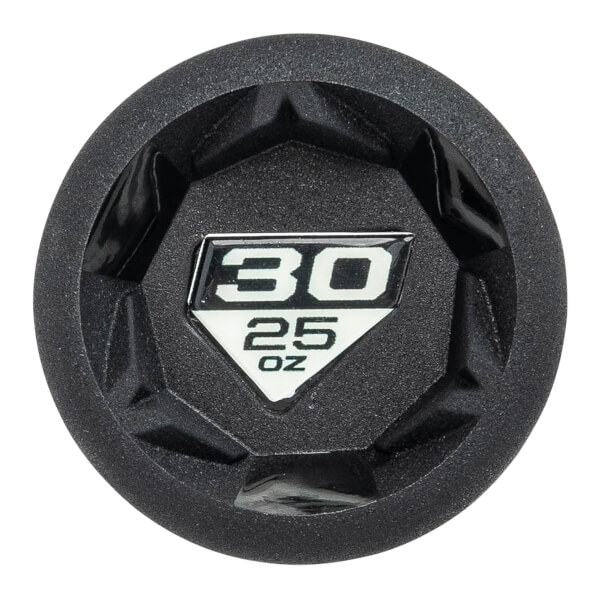 Top-down view of a black baseball bat end cap with 30 25 OZ in white lettering.