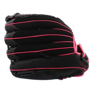 Side view of a black fastpitch glove with pink stitching and trim.