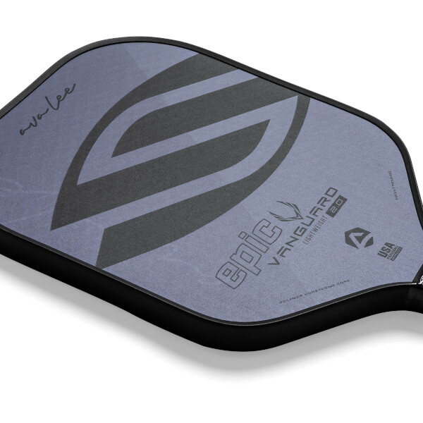 Top-down view of a grey pickleball paddle with a large dark grey S logo and epic VANGUARD 2.0 text.