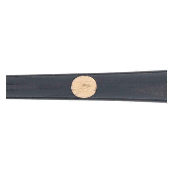 Side view of a dark blue baseball bat with a light wood end cap.
