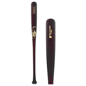 Side view of a dark cherry wood baseball bat with gold LS logo and Louisville Slugger text, and a separate barrel view showing Players Cut.