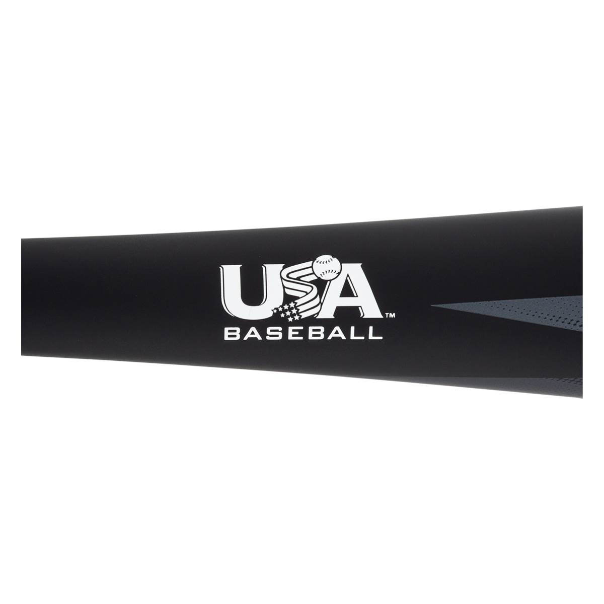 Side view of a black baseball bat with white USA Baseball logo and grey accents.