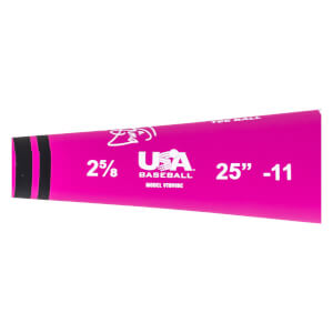 Side view of a pink tee ball bat with USA BASEBALL logo and 25\ -11 markings.