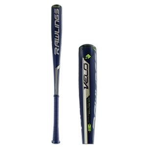 Side view of a blue baseball bat with Rawlings and VELO branding.
