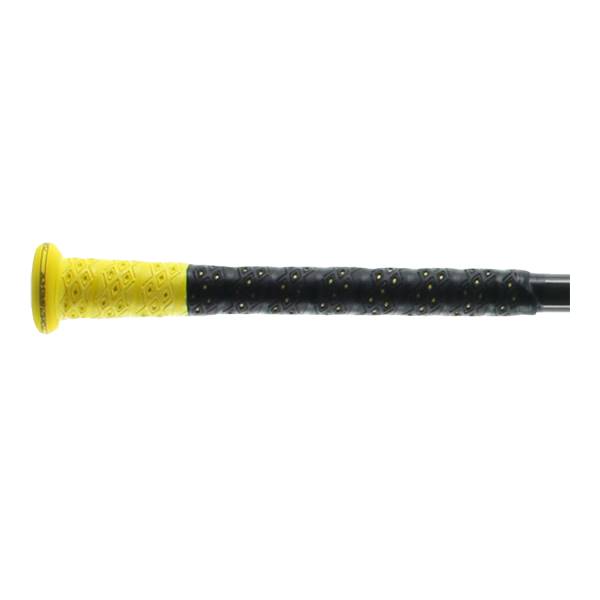 Side view of a black and yellow youth baseball bat with diamond-patterned yellow grip and perforated black grip.