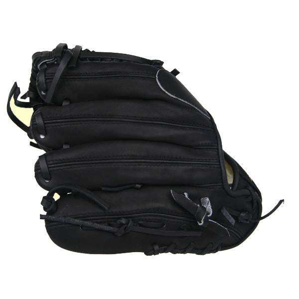Side view of a black baseball glove with white stitching and a yellow interior lining.