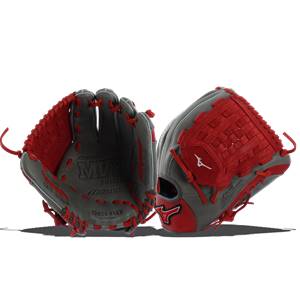 Interior view of a smoke and red baseball glove with Mizuno MVP Prime text and red lacing.