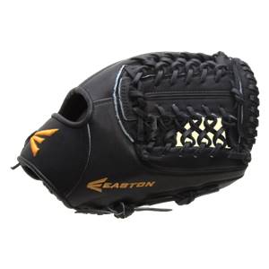 Side view of a black Easton glove with orange Easton logo and intricate lacing.