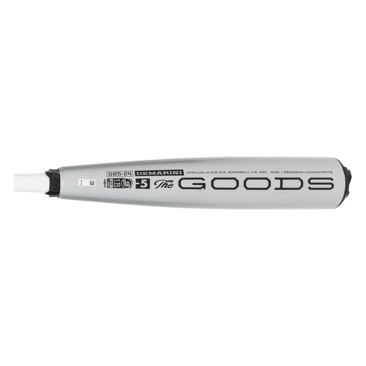 Side view of a silver baseball bat with DEMARINI The GOODS and -5 printed on it.